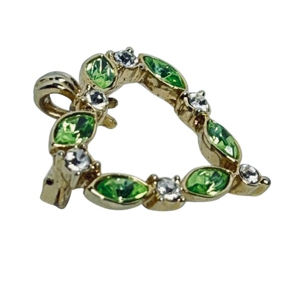 Vintage Gold Tone Green Marquise & Clear Rhinestone Heart Brooch/Pendant (5848) - Picture 2 of 6